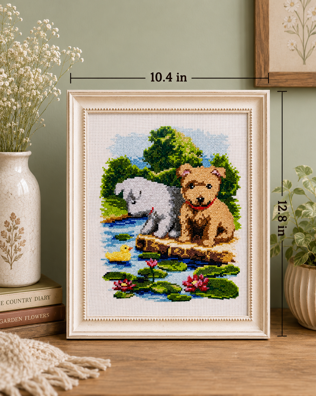 Puppies By The Pond – Handmade Cross-Stitch (Made To Order)