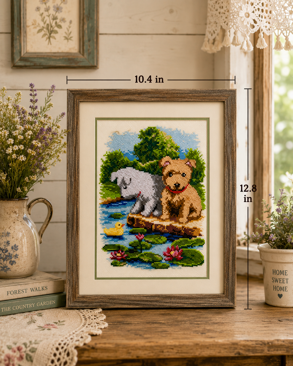 Puppies By The Pond – Handmade Cross-Stitch (Made To Order)