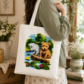 Puppies By The Pond – Hand-Cross-Stitched Tote Bag (Made To Order)