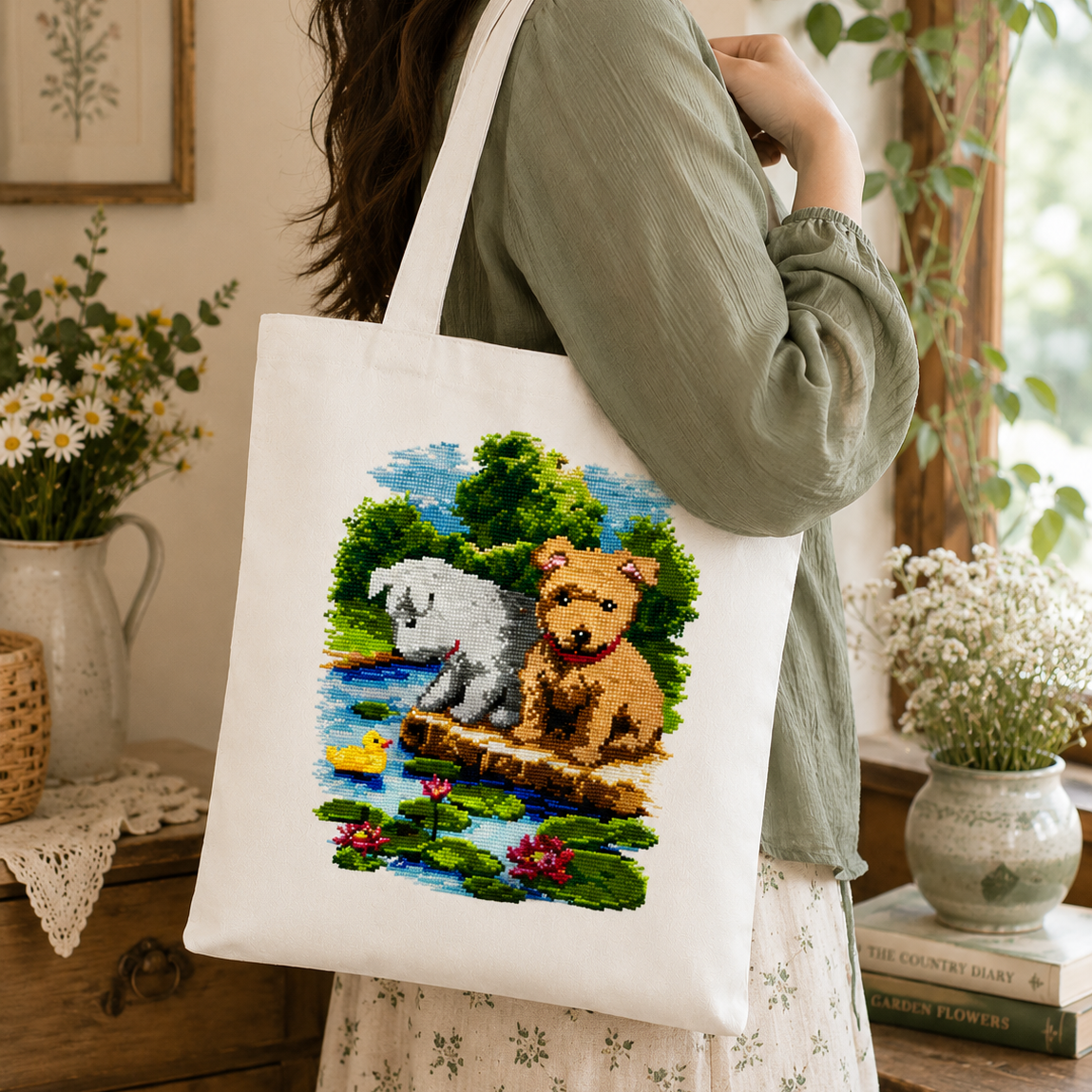 Puppies By The Pond – Hand-Cross-Stitched Tote Bag (Made To Order)