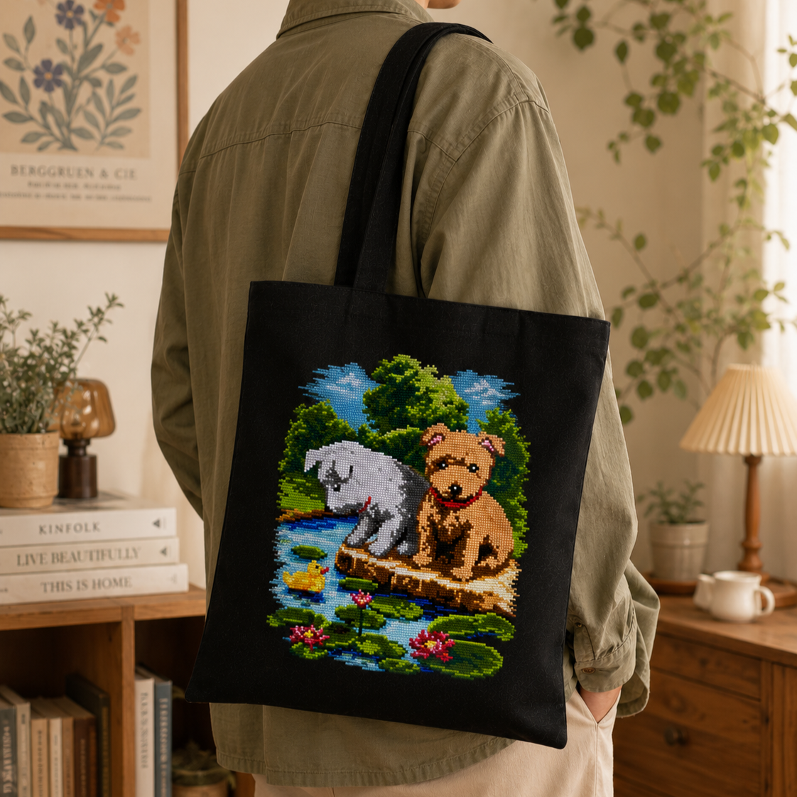 Puppies By The Pond – Hand-Cross-Stitched Tote Bag (Made To Order)