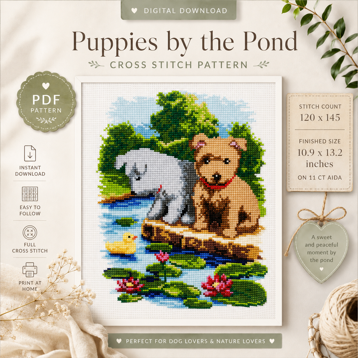 Puppies By The Pond Cross-Stitch Pattern – Digital PDF