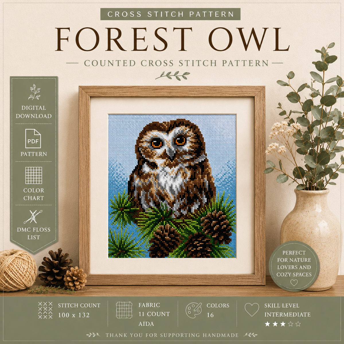Woodland Owl Cross-Stitch Pattern – Digital PDF
