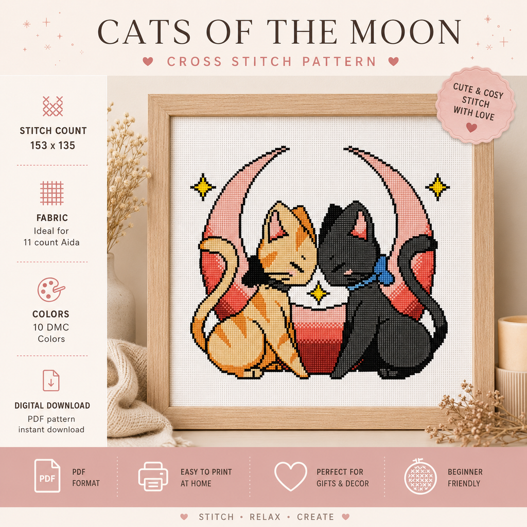 Moonlit Cat Companions Cross-Stitch Patterns - Digital PDF
