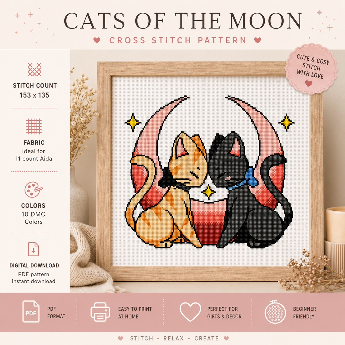 Moonlit Cat Companions Cross-Stitch Patterns - Digital PDF