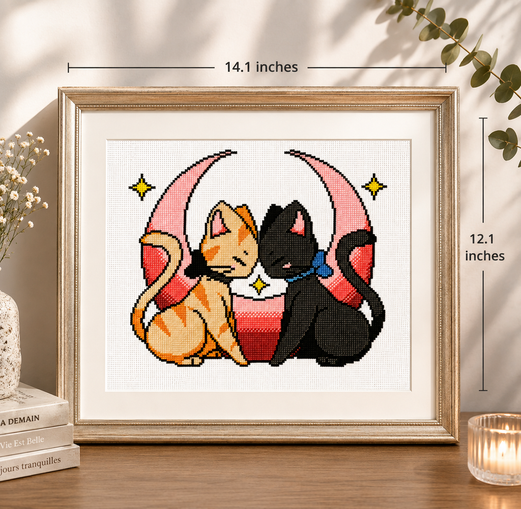Moonlit Cat Companions – Handmade Cross-Stitch (Made To Order)