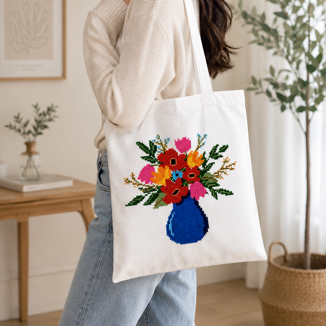 Colourful Flower Vase – Hand-Cross-Stitched Tote Bag (Made To Order)