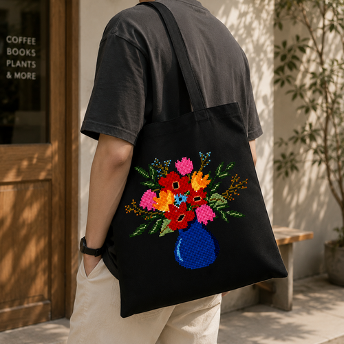 Colourful Flower Vase – Hand-Cross-Stitched Tote Bag (Made To Order)