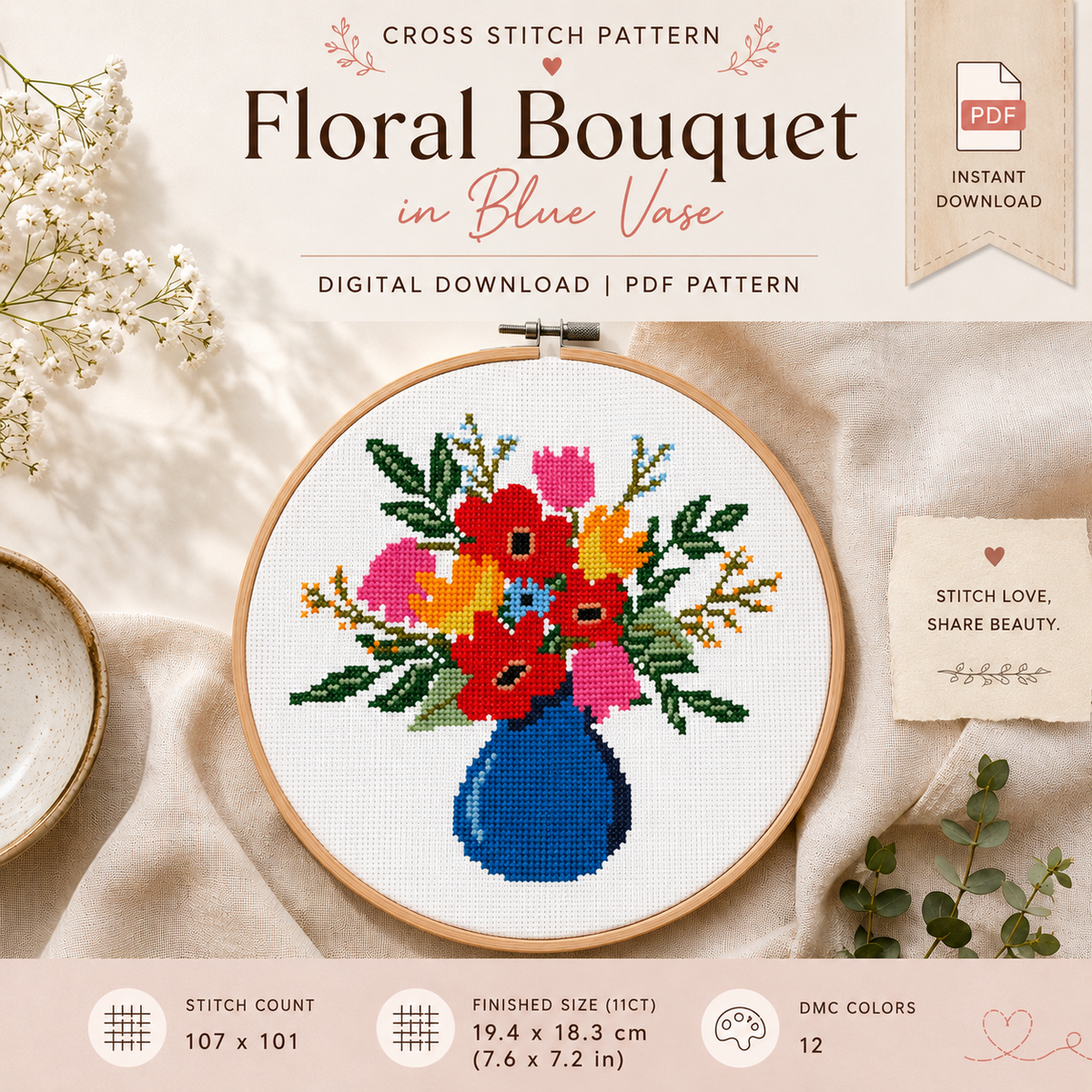Colourful Flower Vase Cross-Stitch Pattern - Digital PDF