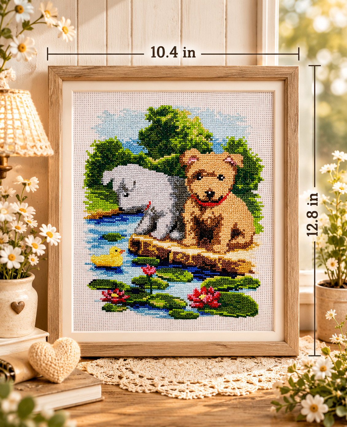 Puppies By The Pond – Handmade Cross-Stitch (Made To Order)